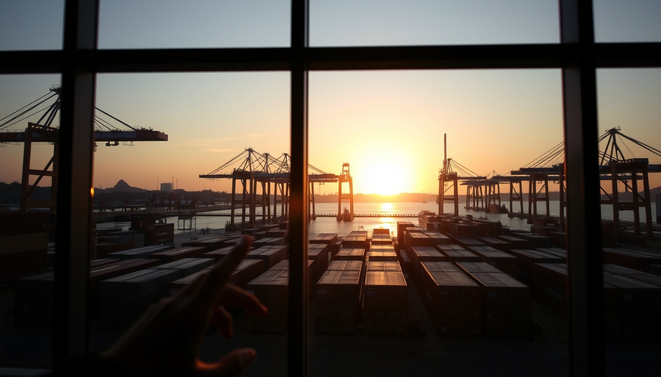 port of Santos with cargo containers and cranes at sunset in editorial style