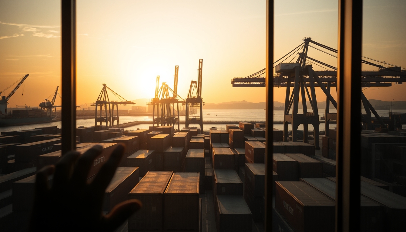port of Santos with cargo containers and cranes at sunset in editorial style