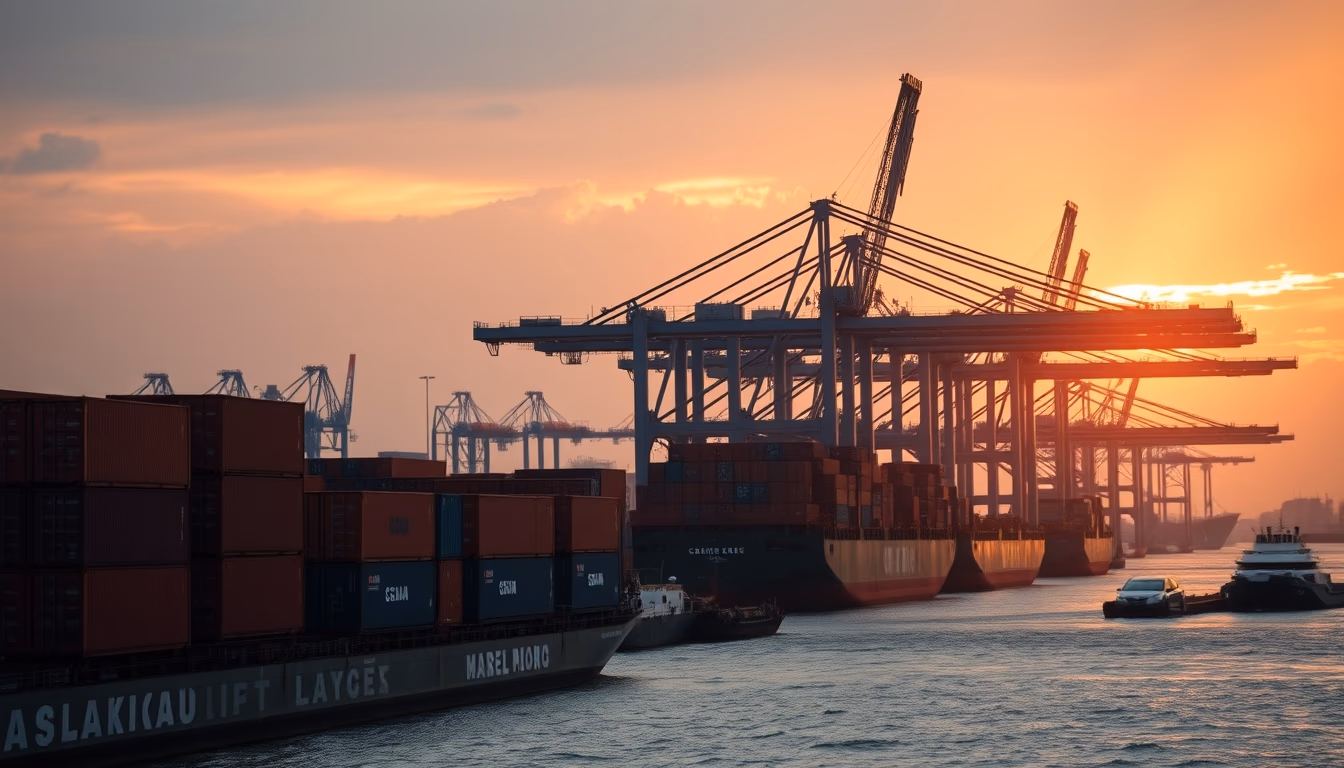 Port of Santos with cargo containers and cranes at sunset em estilo editorial