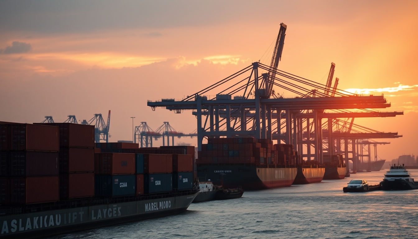 port of Santos with cargo containers and cranes at sunset in editorial style