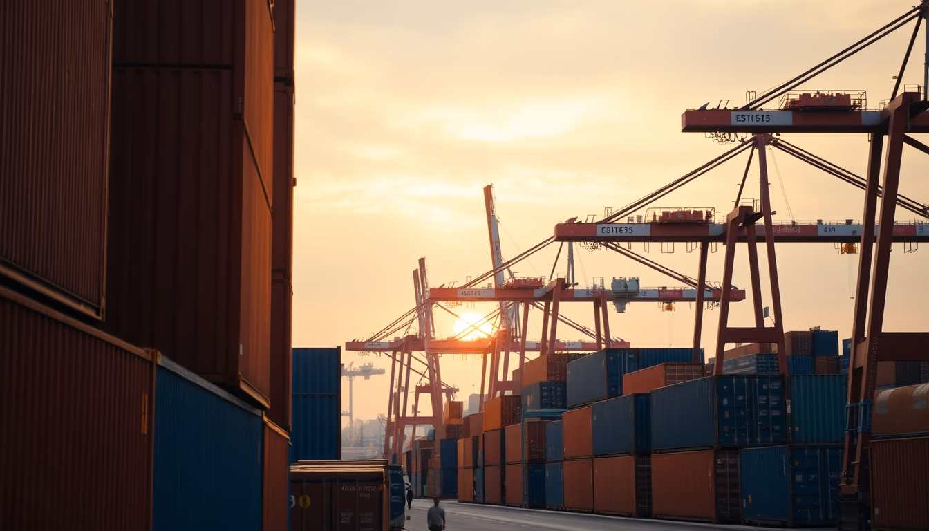 Port of Santos with cargo containers and cranes at sunset em estilo editorial