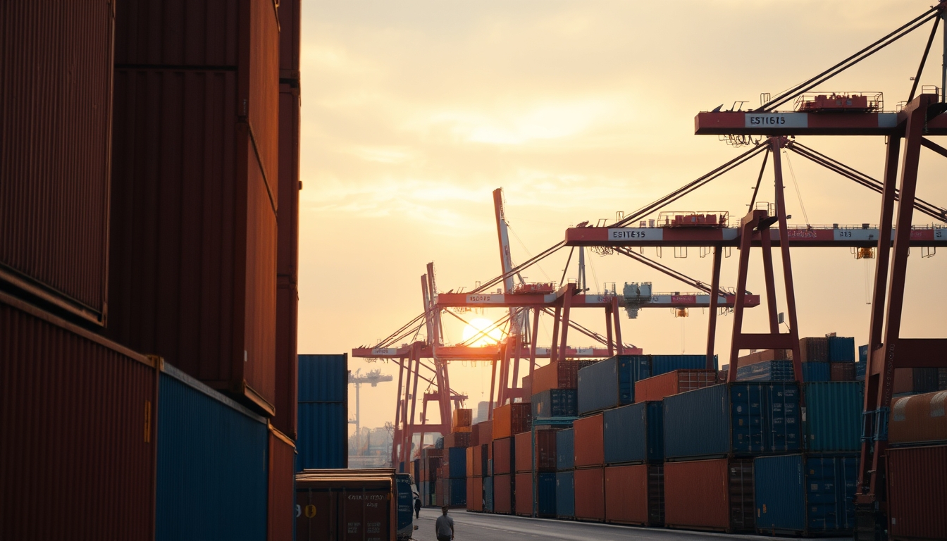 port of Santos with cargo containers and cranes at sunset in editorial style