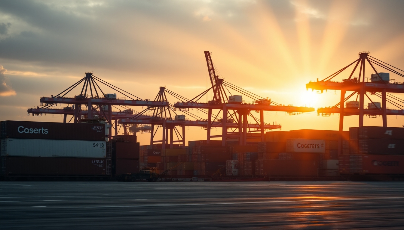 port of Santos with cargo containers and cranes at sunset in editorial style