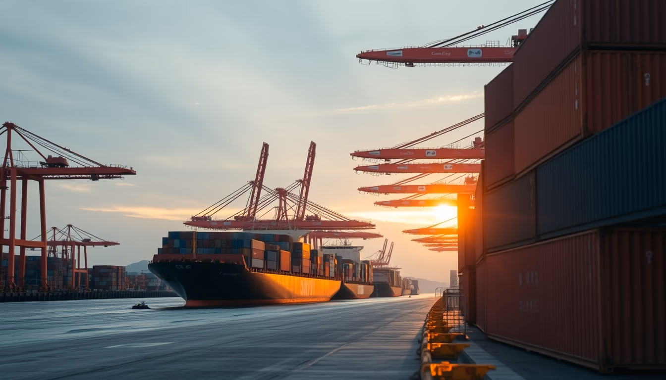 Port of Santos with cargo containers and cranes at sunset em estilo editorial