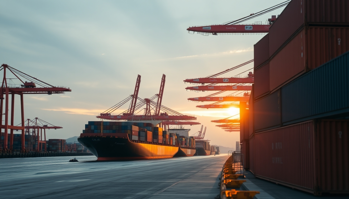port of Santos with cargo containers and cranes at sunset in editorial style