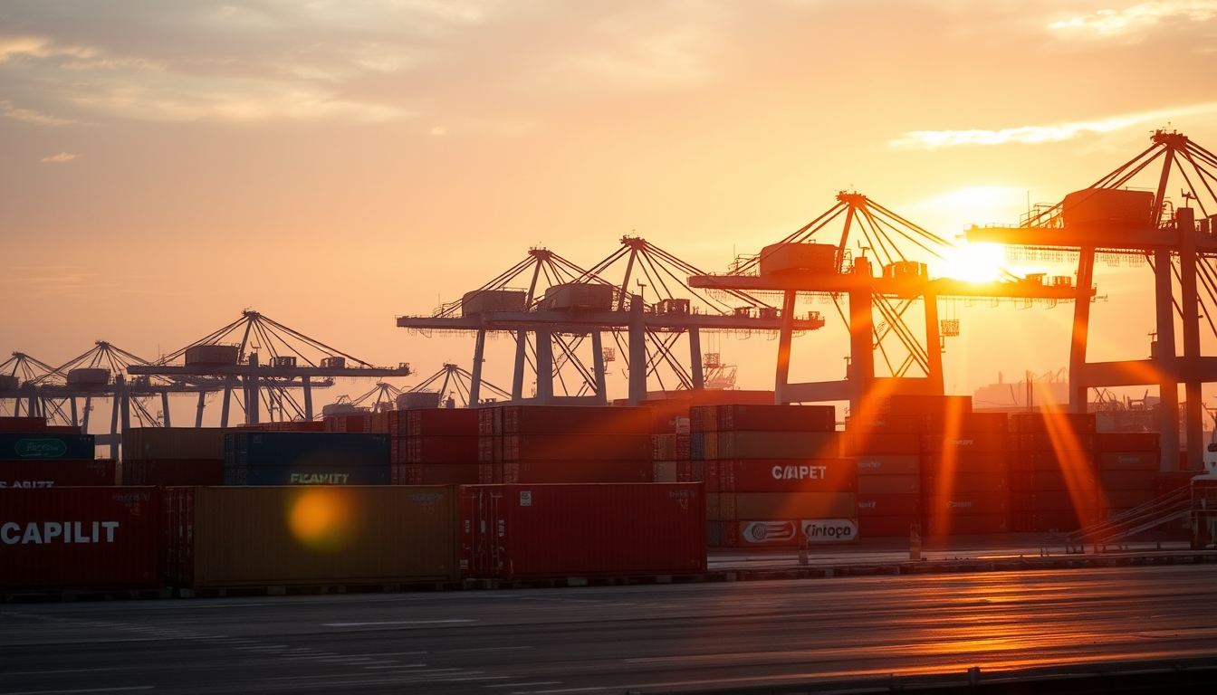 port of Santos with cargo containers and cranes at sunset in editorial style
