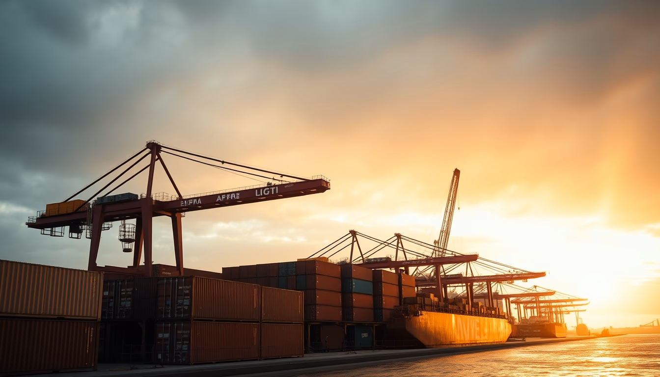 Port of Santos with cargo containers and cranes at sunset em estilo editorial