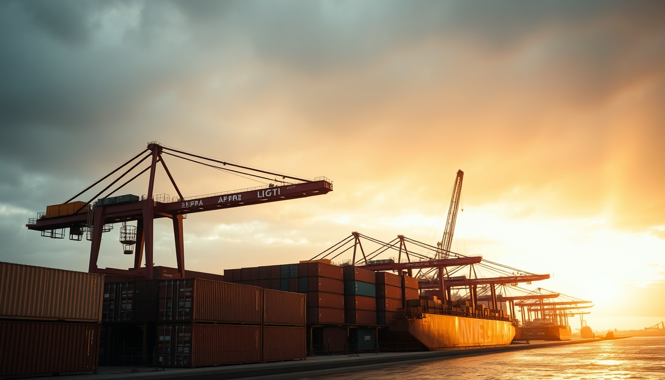 port of Santos with cargo containers and cranes at sunset in editorial style