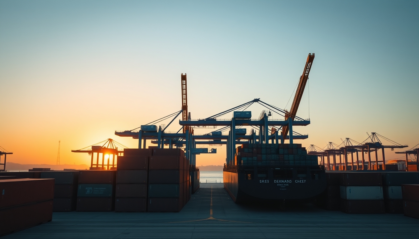 port of Santos with cargo containers and cranes at sunset in editorial style