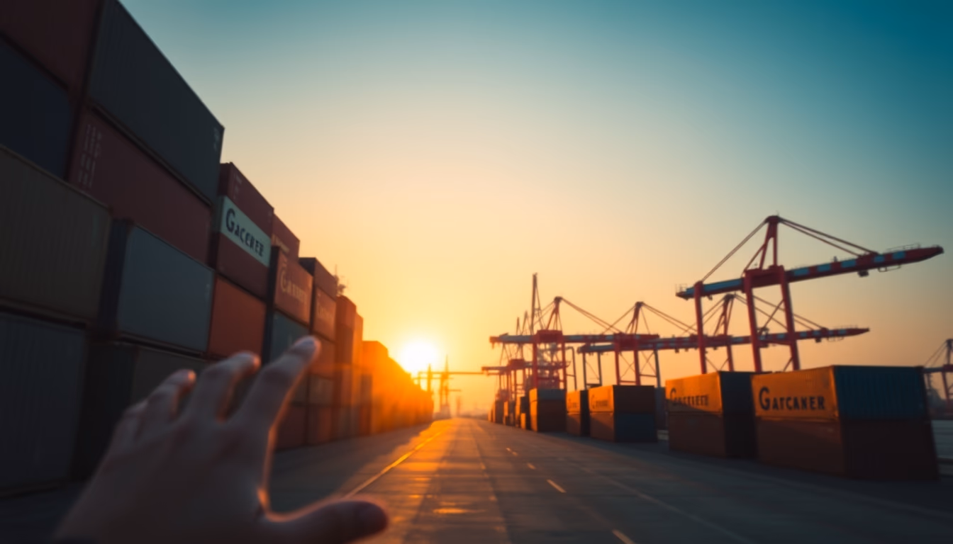 Port of Santos with cargo containers and cranes at sunset em estilo editorial