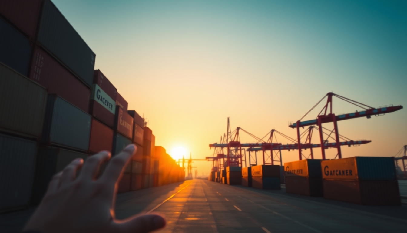 port of Santos with cargo containers and cranes at sunset in editorial style