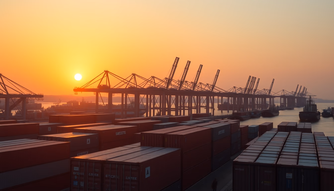 Port of Santos with cargo containers and cranes at sunset em estilo editorial