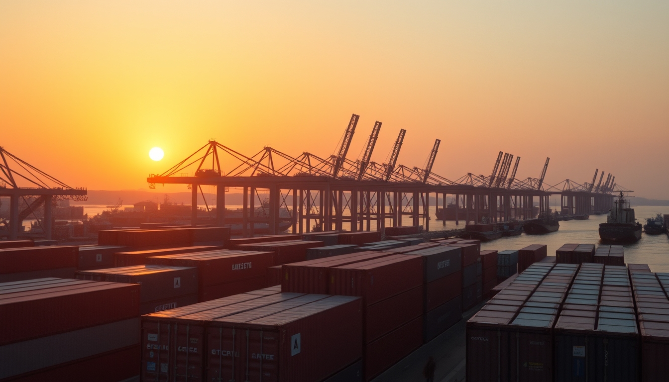 port of Santos with cargo containers and cranes at sunset in editorial style