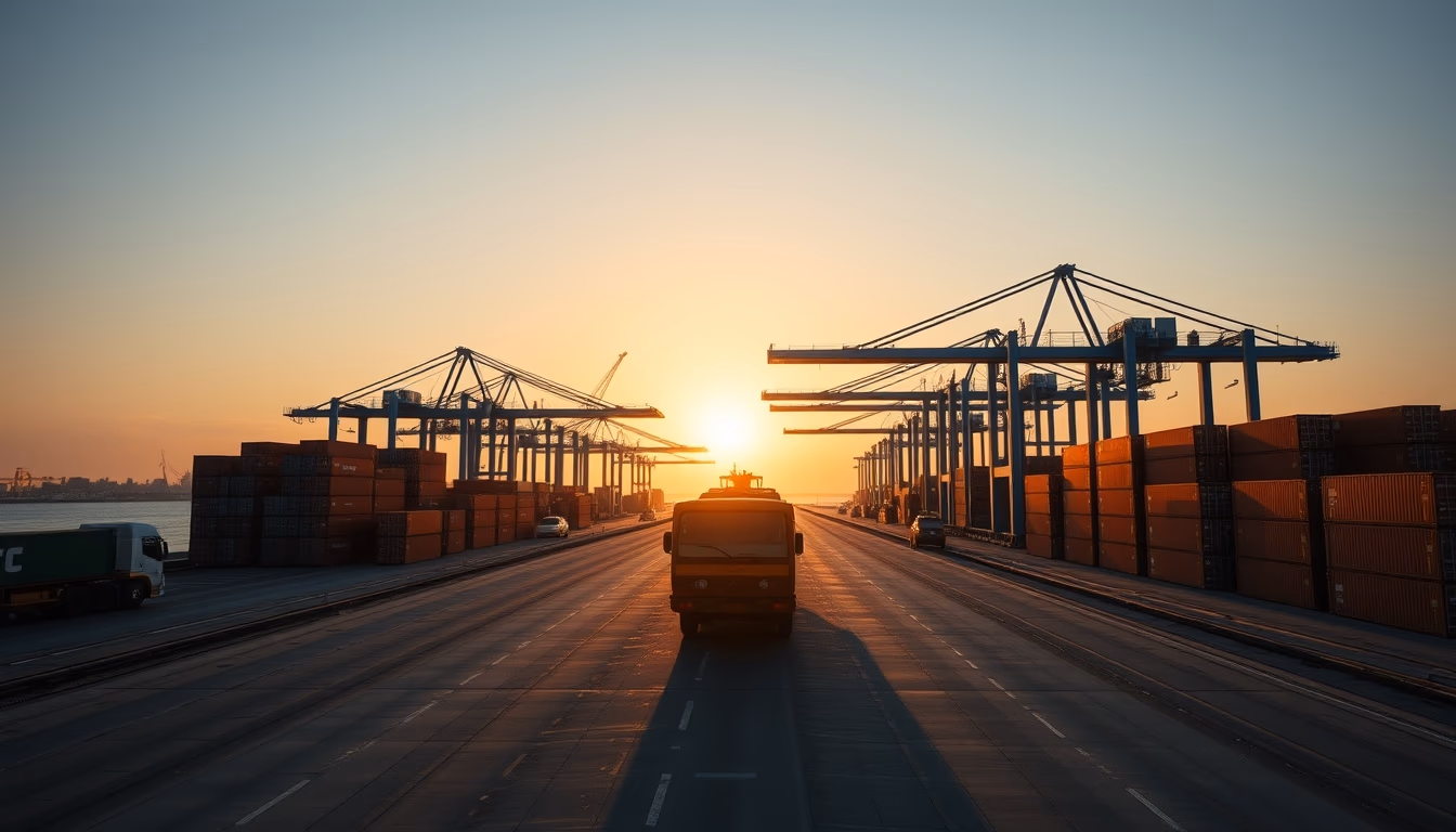 Port of Santos with cargo containers and cranes at sunset em estilo editorial