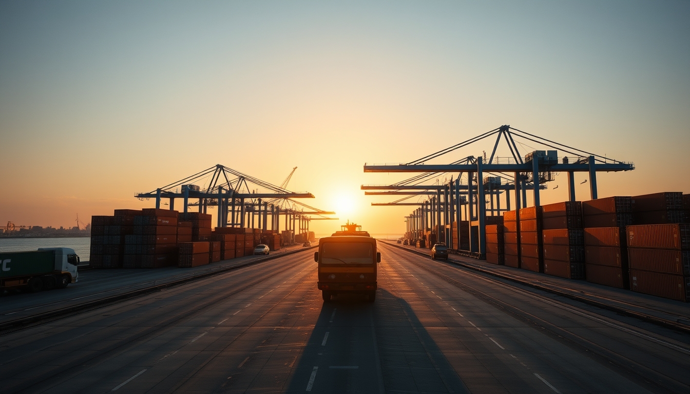 port of Santos with cargo containers and cranes at sunset in editorial style