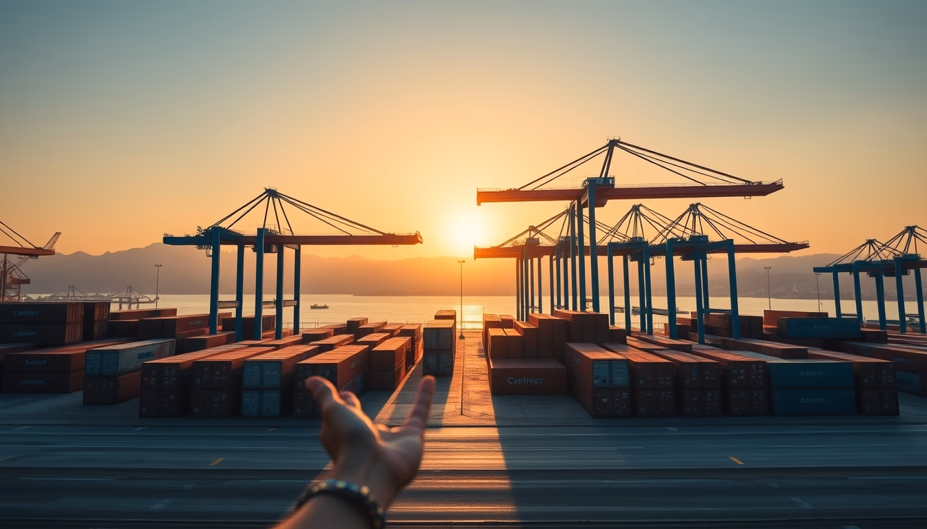 Port of Santos with cargo containers and cranes at sunset em estilo editorial