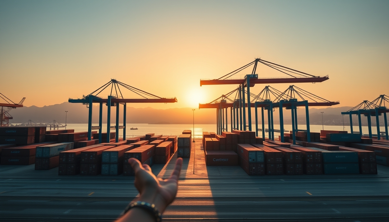 port of Santos with cargo containers and cranes at sunset in editorial style