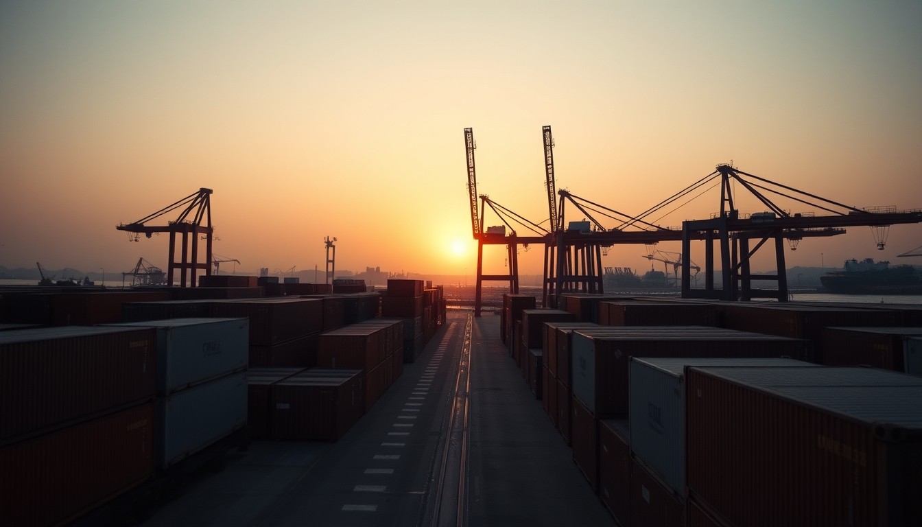 port of Santos with cargo containers and cranes at sunset in editorial style