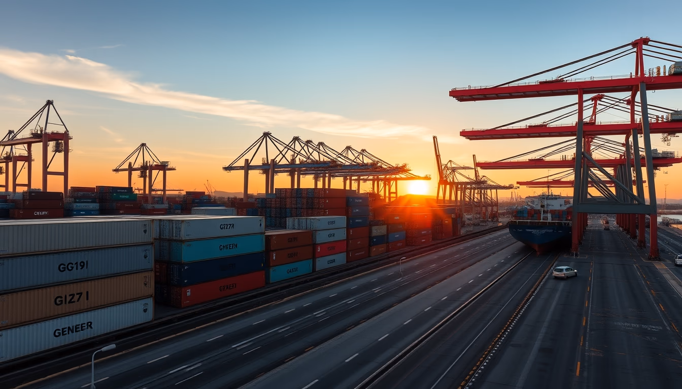 port of Santos with cargo containers and cranes at sunset in editorial style