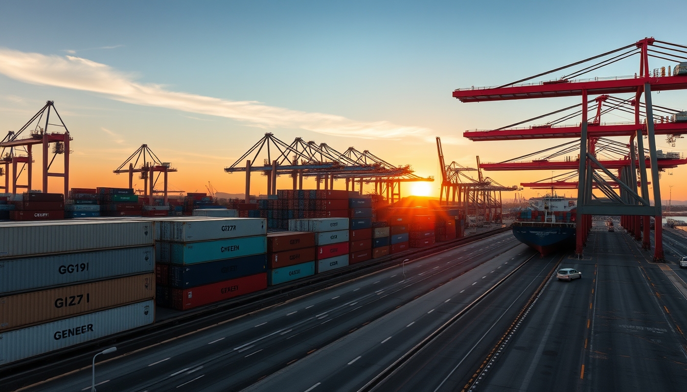 port of Santos with cargo containers and cranes at sunset in editorial style