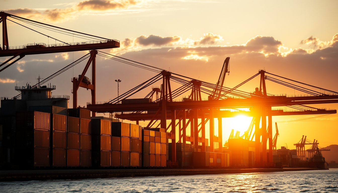 port of Santos with cargo containers and cranes at sunset in editorial style