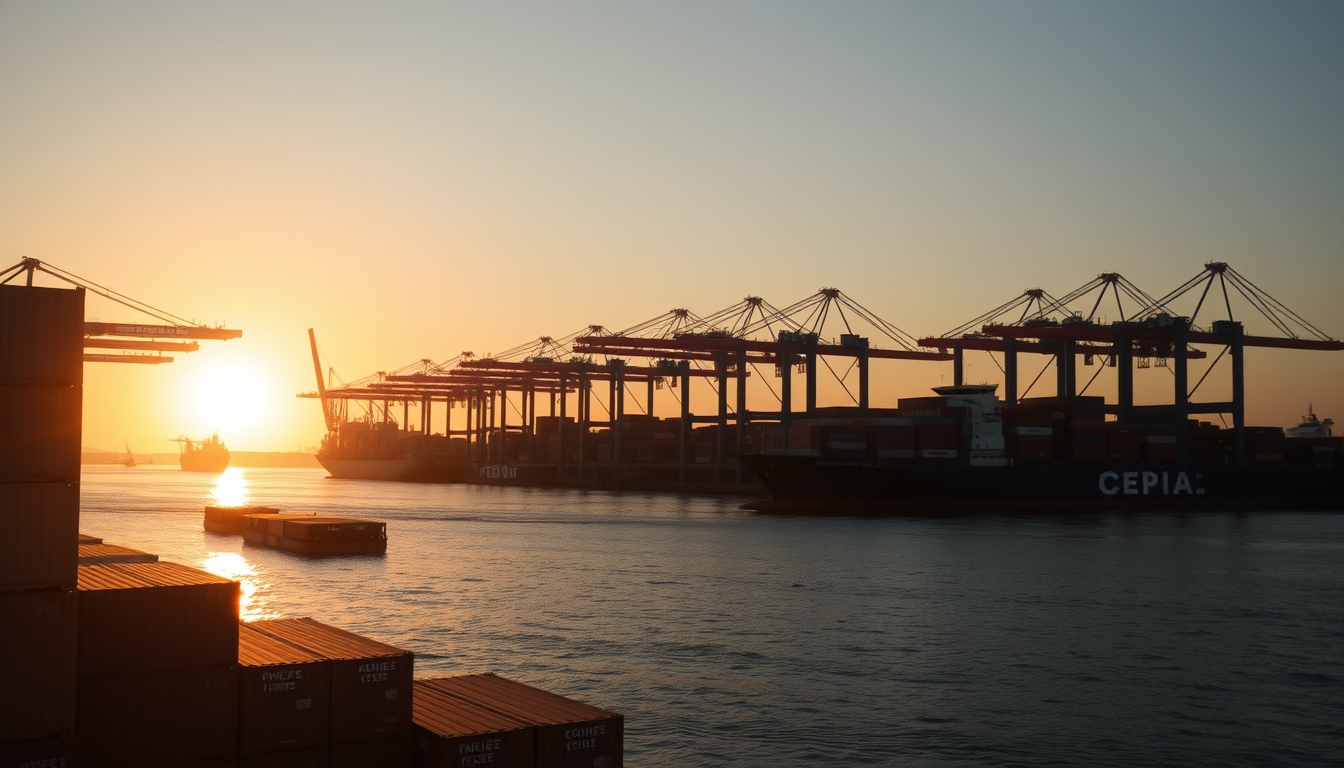port of Santos with cargo containers and cranes at sunset in editorial style