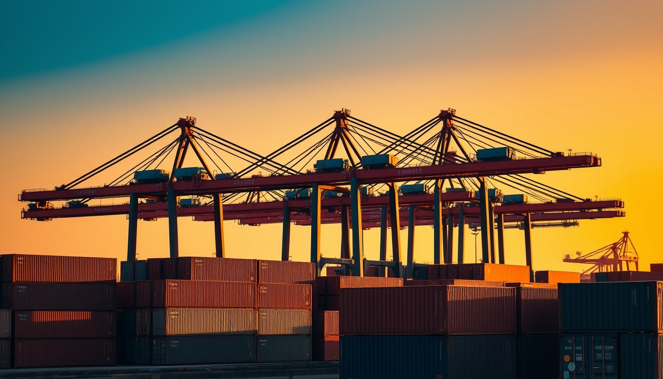 port of Santos with cargo containers and cranes at sunset in editorial style