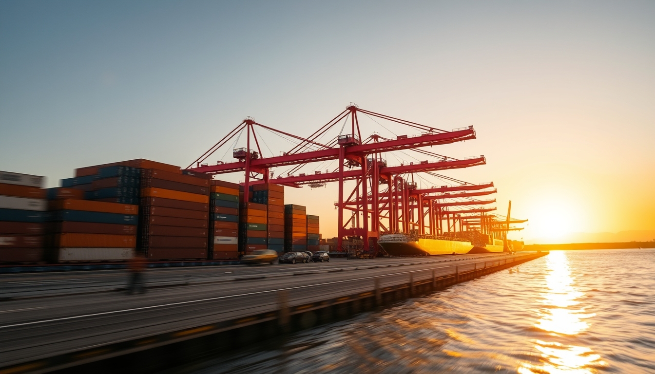 port of Santos with cargo containers and cranes at sunset in editorial style