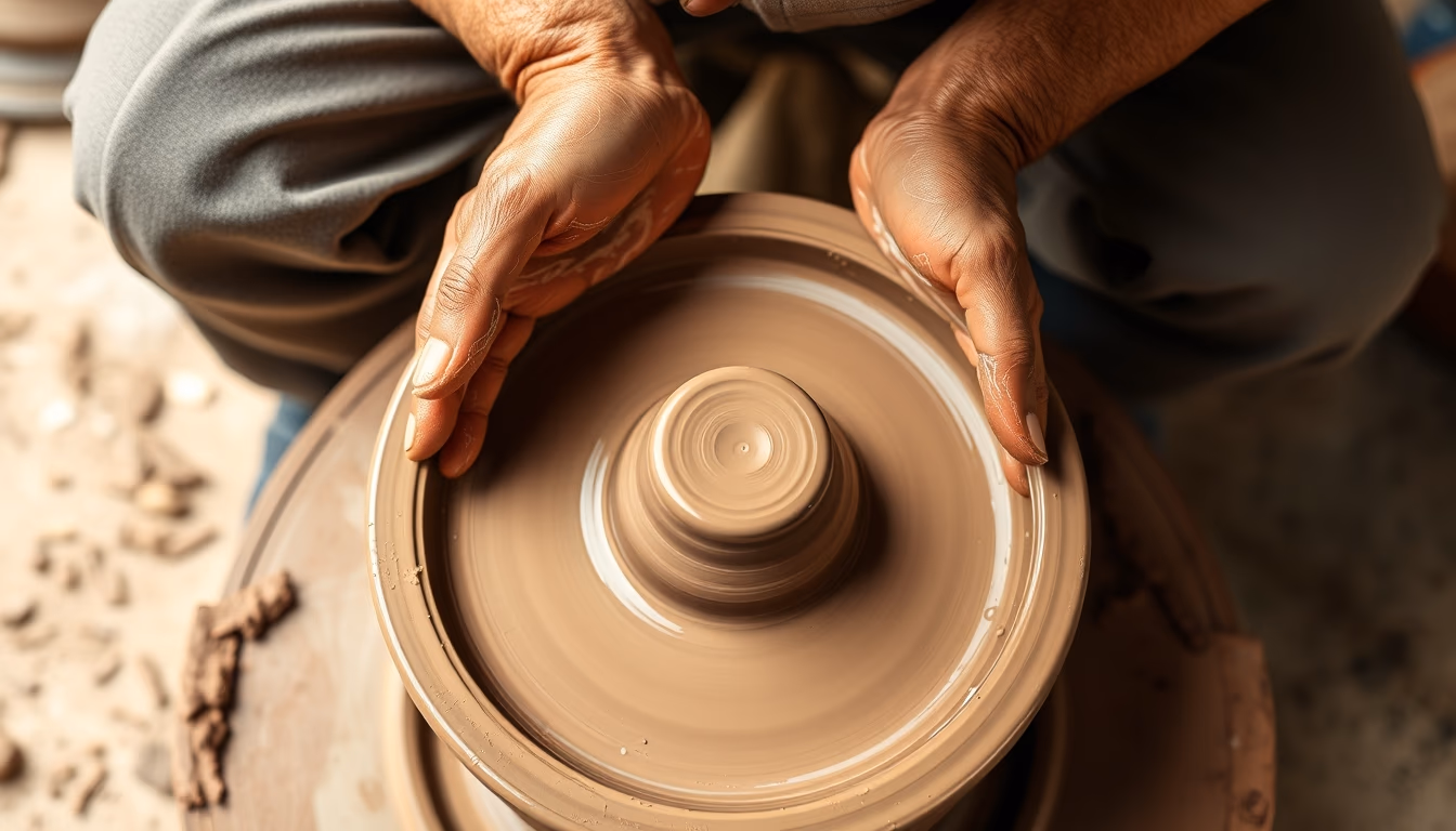 pottery wheel hands clay in editorial style