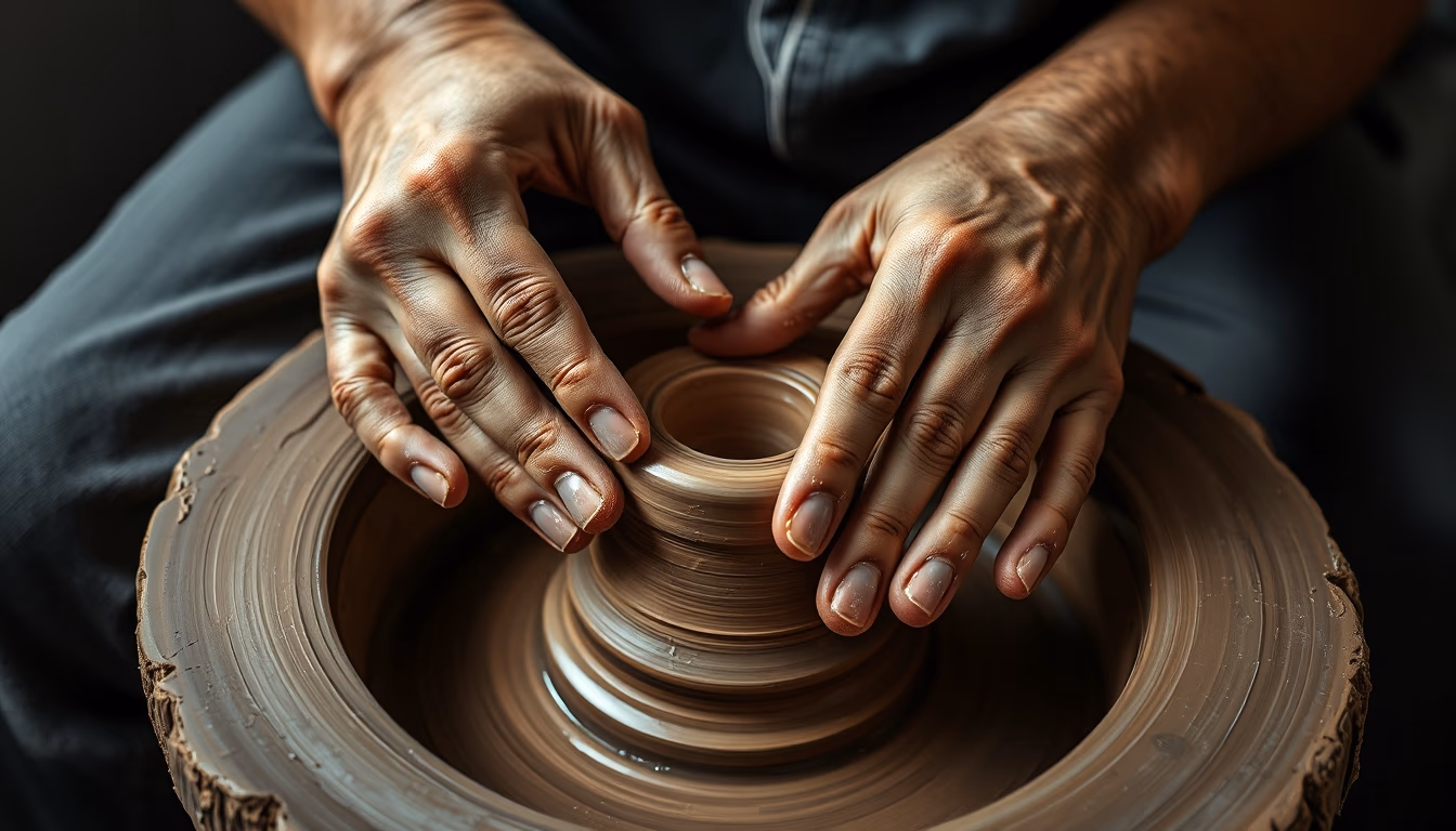 pottery wheel hands clay in editorial style