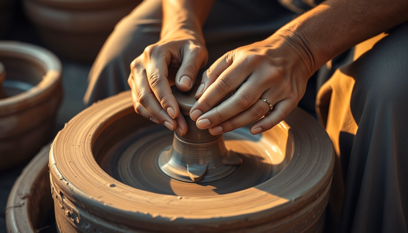 pottery wheel hands clay in editorial style