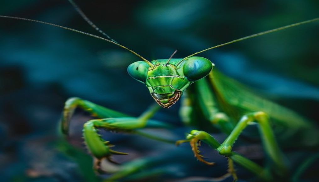 praying mantis green macro in editorial style