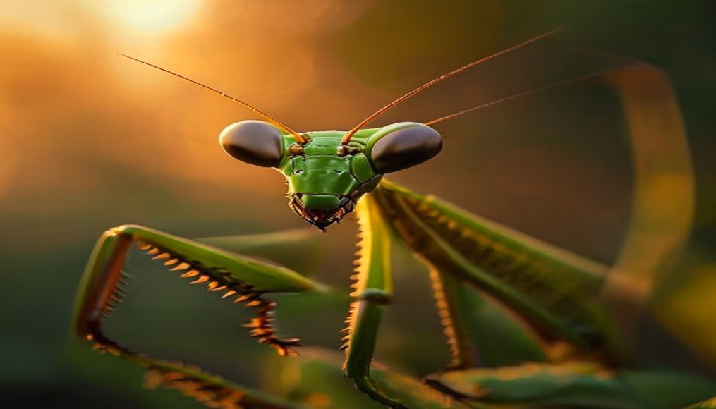 praying mantis green macro in editorial style