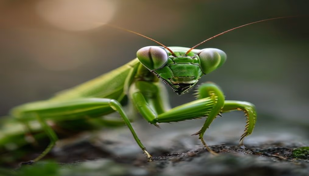 praying mantis green macro in editorial style