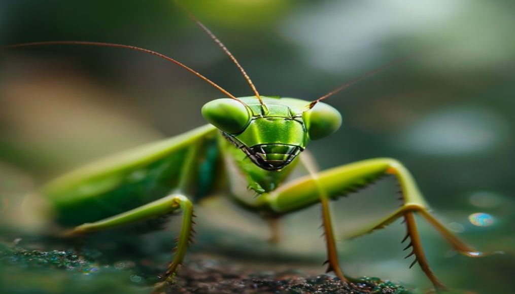 praying mantis green macro in editorial style