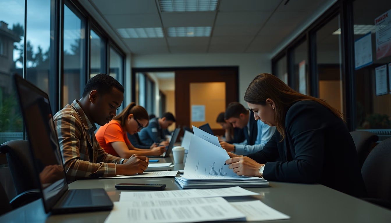 consumer protection office with citizens filing complaints in editorial style