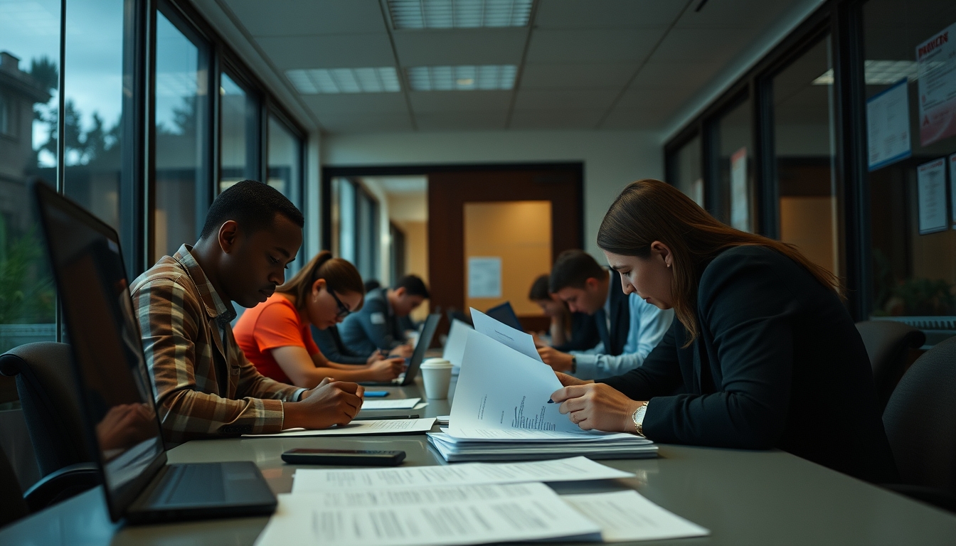 Procon office with citizens filing complaints em estilo editorial