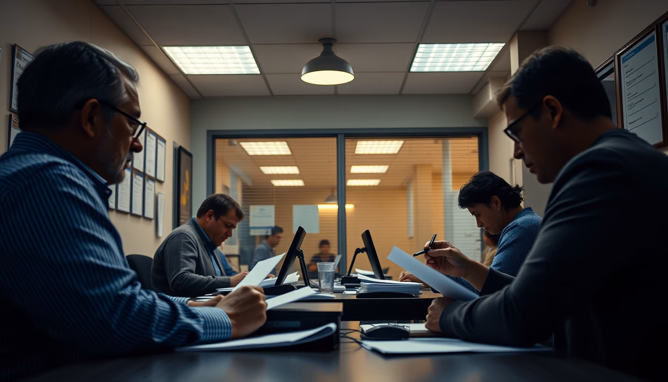 consumer protection office with citizens filing complaints in editorial style