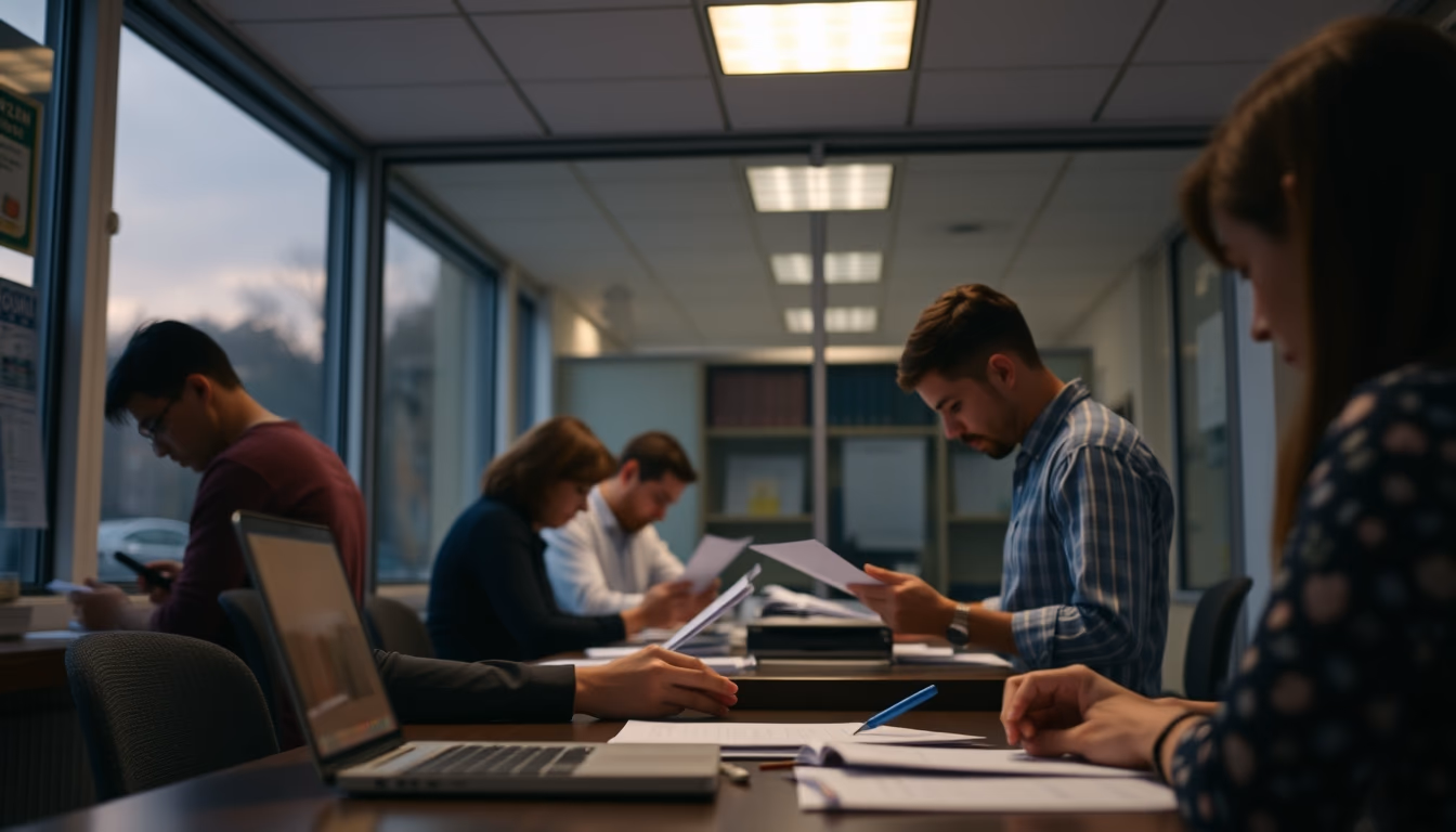 consumer protection office with citizens filing complaints in editorial style