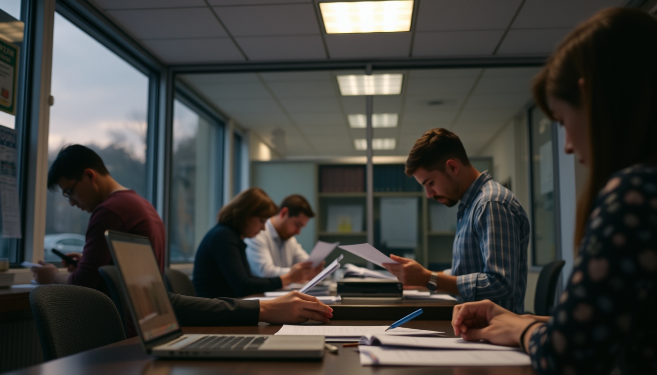 Procon office with citizens filing complaints em estilo editorial