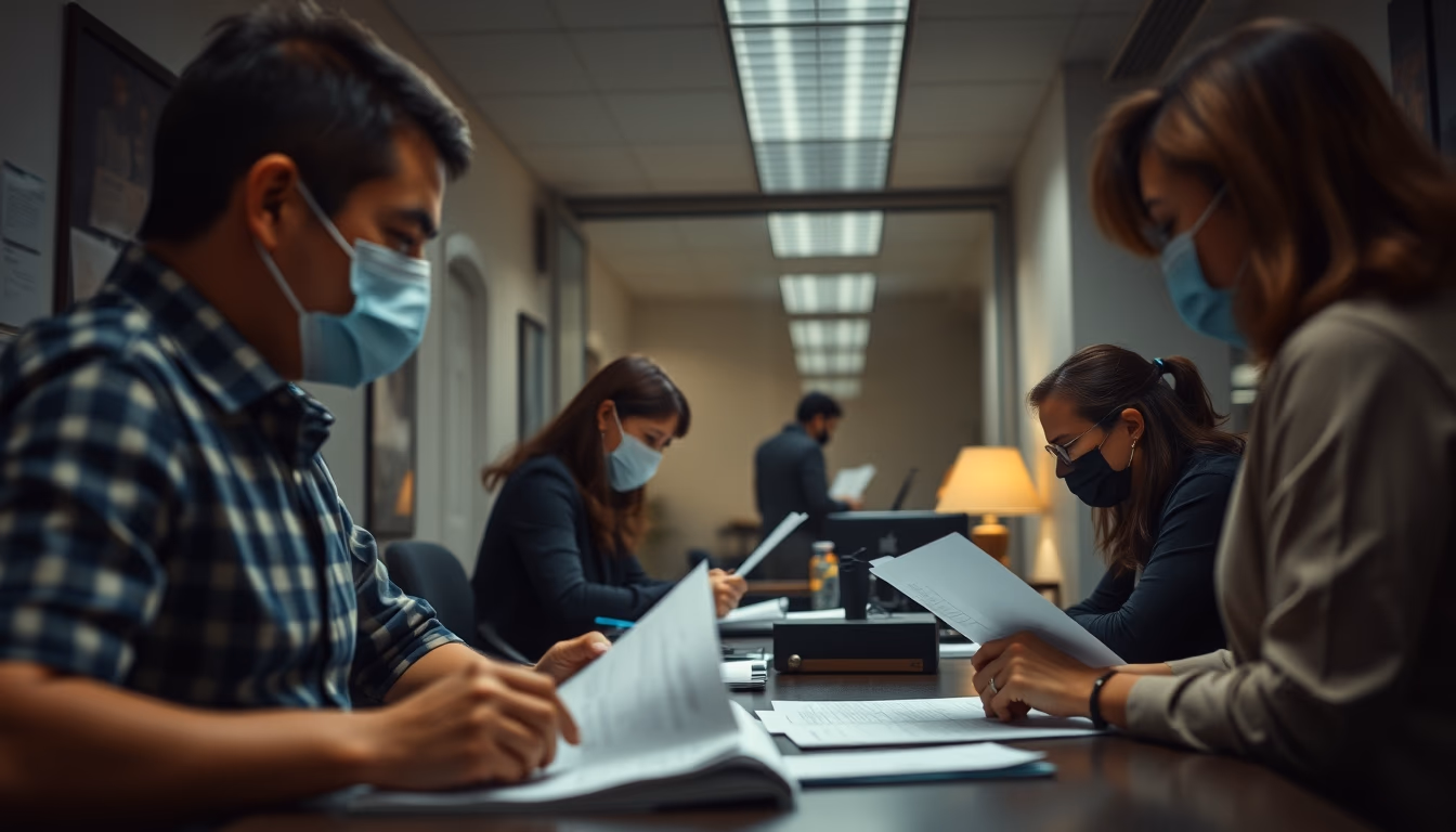 consumer protection office with citizens filing complaints in editorial style