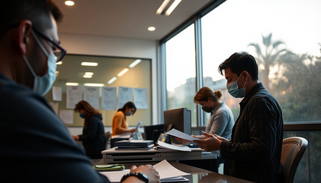 Procon office with citizens filing complaints em estilo editorial