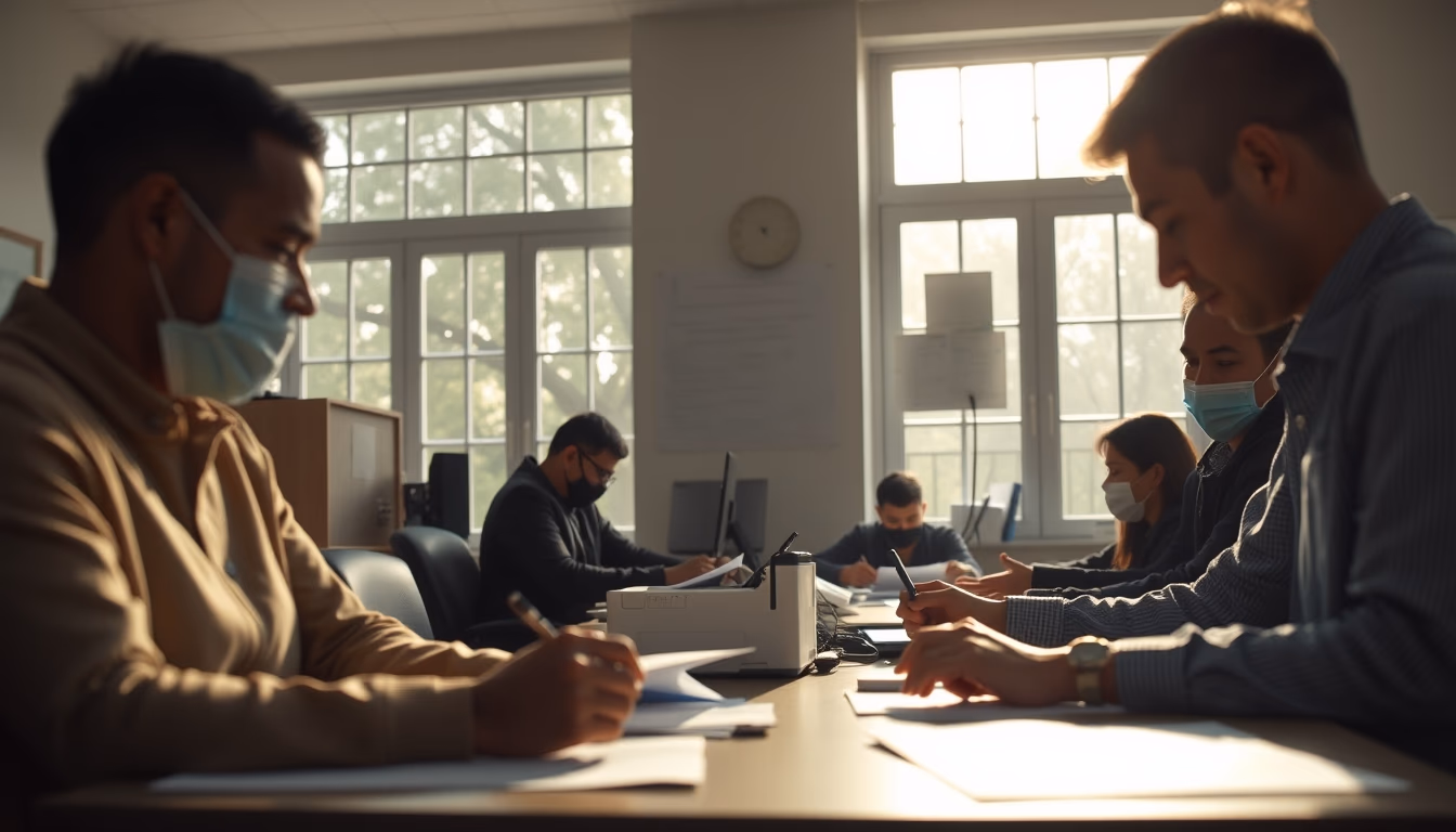 consumer protection office with citizens filing complaints in editorial style