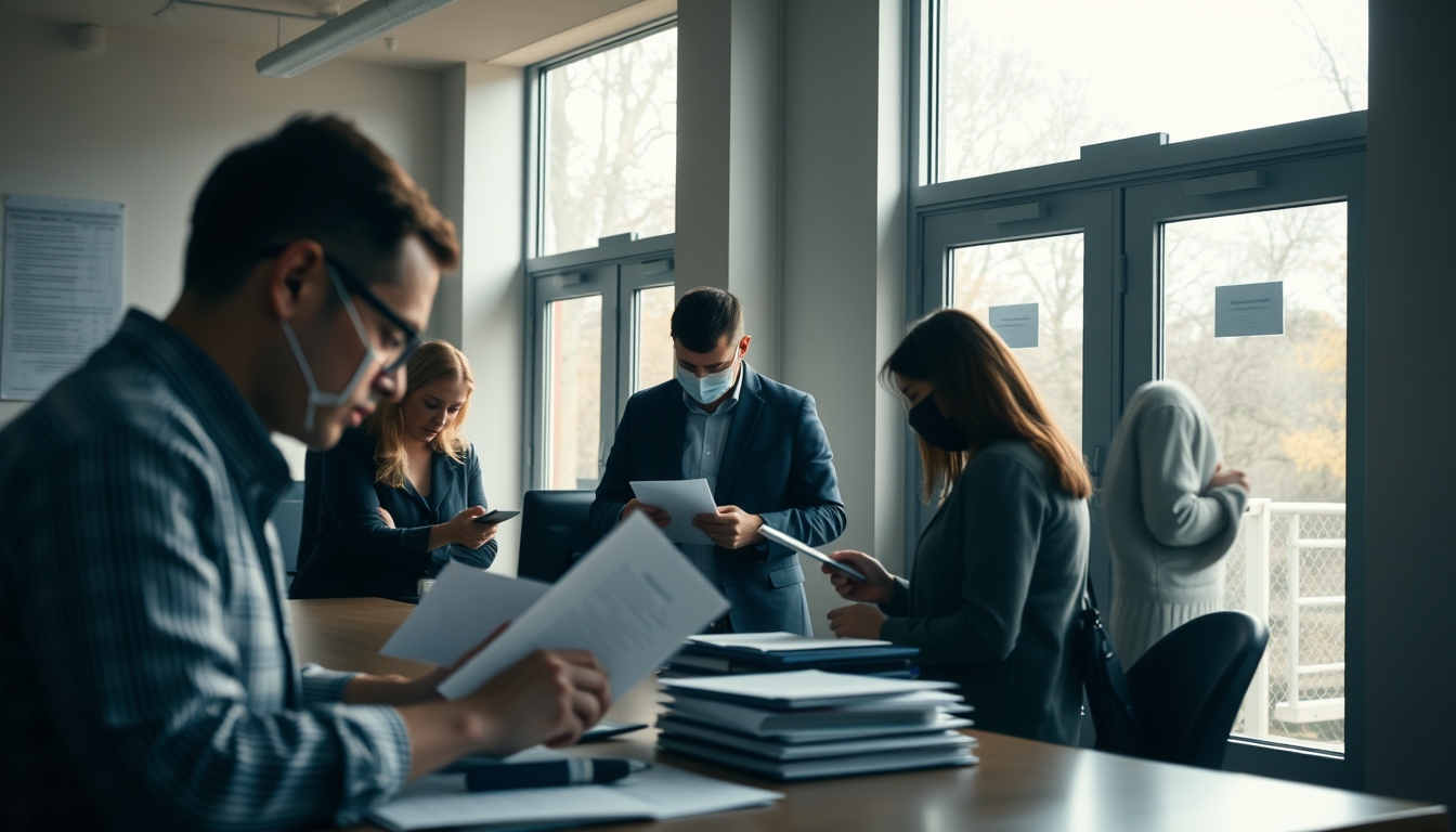 Procon office with citizens filing complaints em estilo editorial