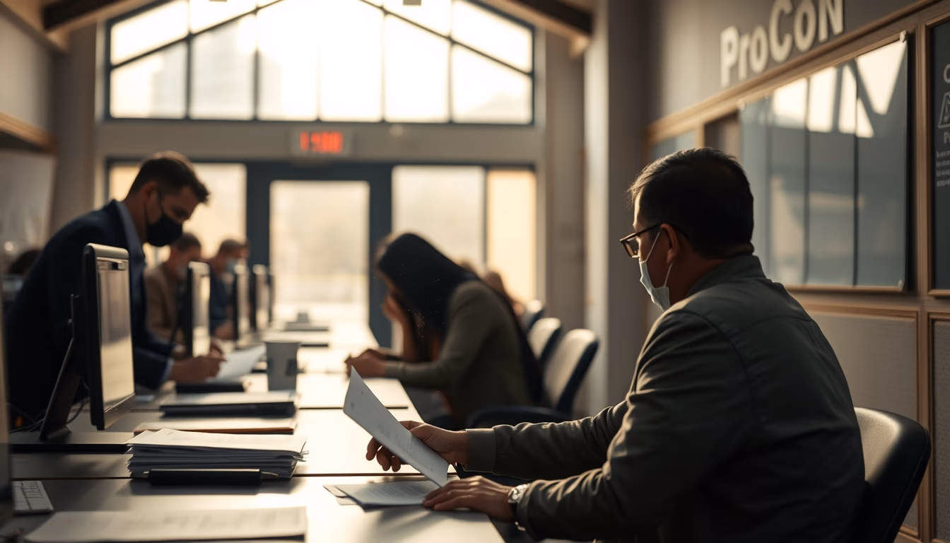 consumer protection office with citizens filing complaints in editorial style