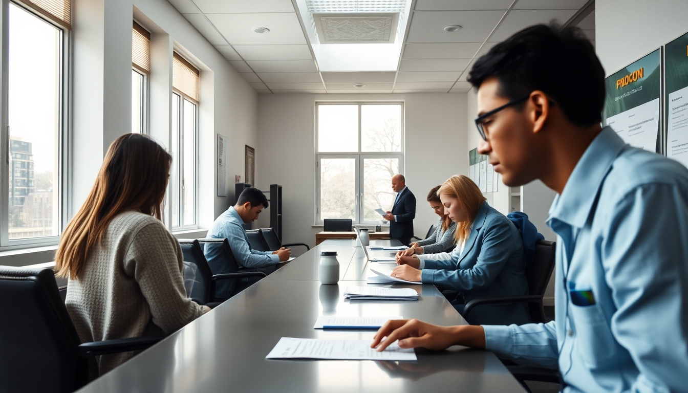 Procon office with citizens filing complaints em estilo editorial