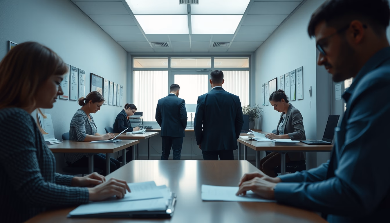 consumer protection office with citizens filing complaints in editorial style