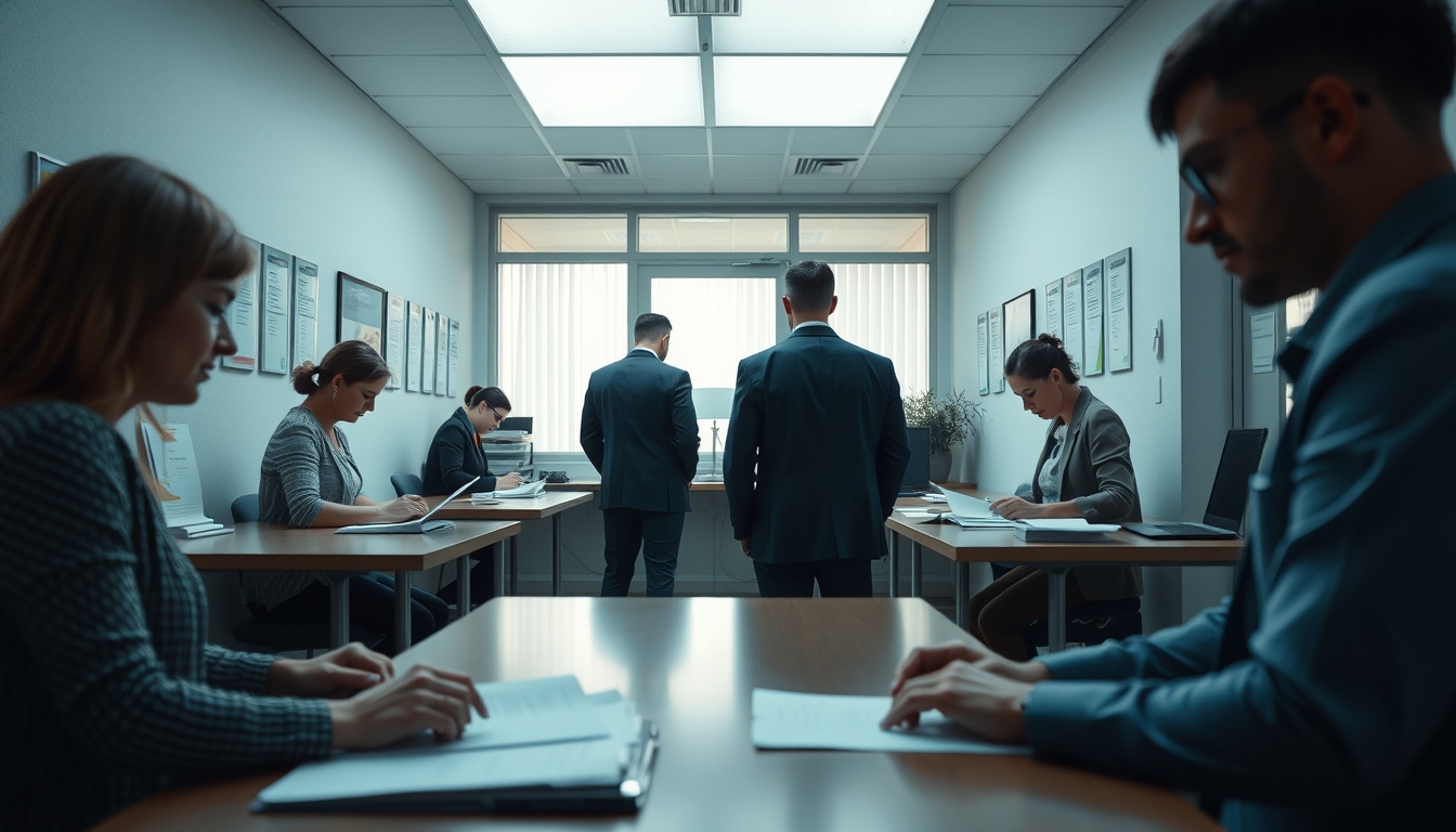 Procon office with citizens filing complaints em estilo editorial