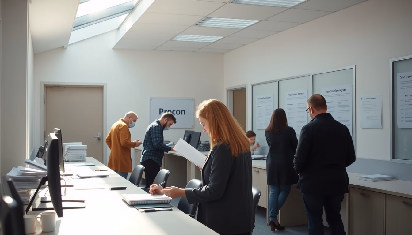 consumer protection office with citizens filing complaints in editorial style