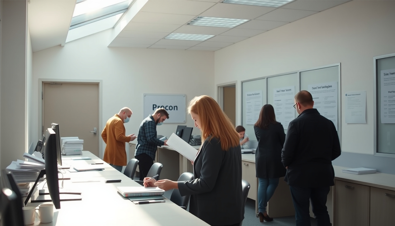 Procon office with citizens filing complaints em estilo editorial